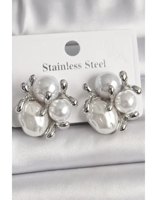  Gümüş İncili Tomurcuk Model Çelik Küpe