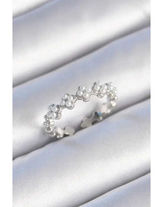  Gümüş İncili Yonca Model Çelik Yüzük