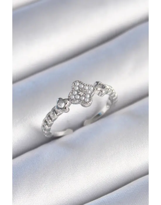  Gümüş İncili Yonca Model Zirkon Taş Detaylı Çelik Yüzük