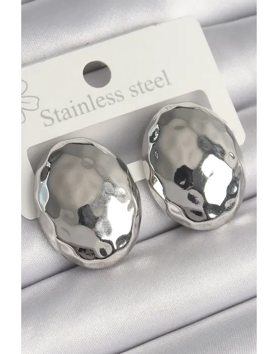  Gümüş İşleme Detaylı Bombeli Oval Plaka Model Çelik Küpe