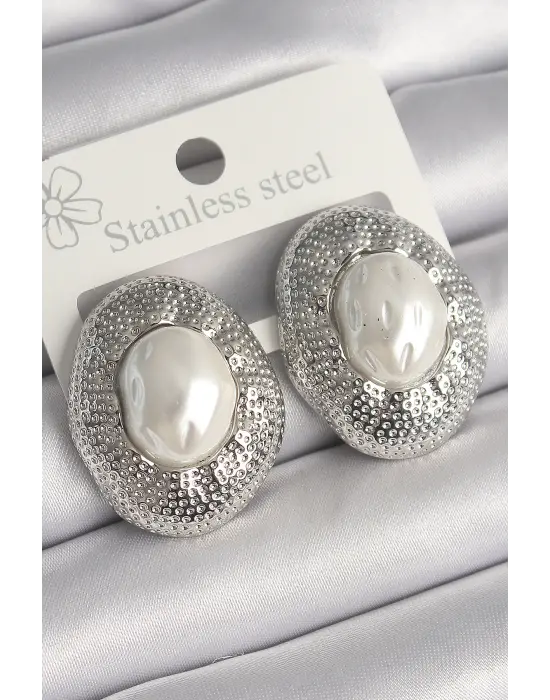  Gümüş İşleme Detaylı İncili Daire Model Çelik Küpe