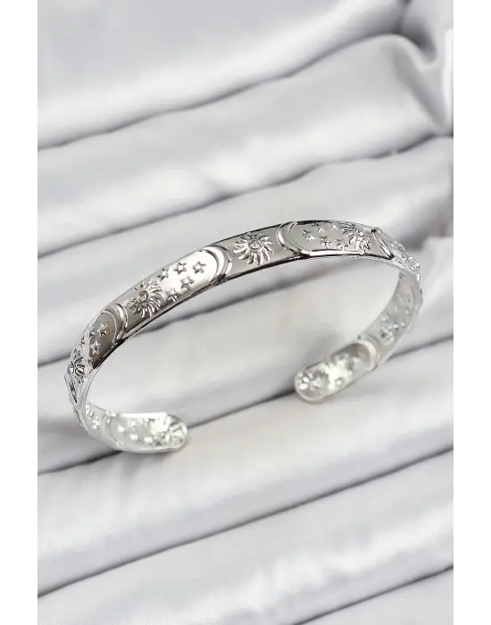 Pirinç Gümüş Renk İşlemeli Altı Açık Bileklik