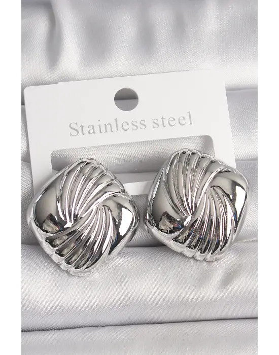  Gümüş İşlemeli Kare Model Çelik Küpe