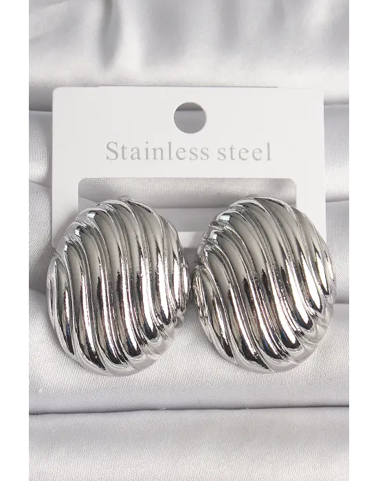  Gümüş İşlemeli Oval Model Çelik Küpe