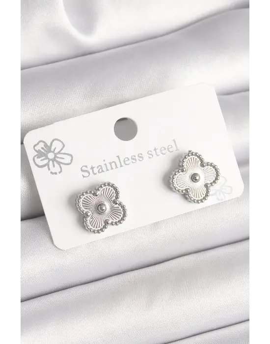 Pirinç Gümüş Renk İşlemeli Yonca Model Kadın Küpe