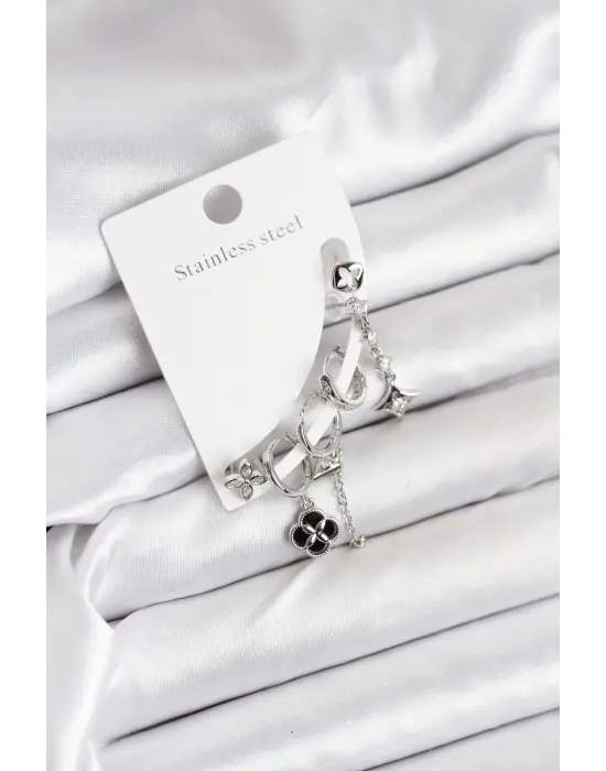 Pirinç Gümüş Renk Kadın Set Küpe