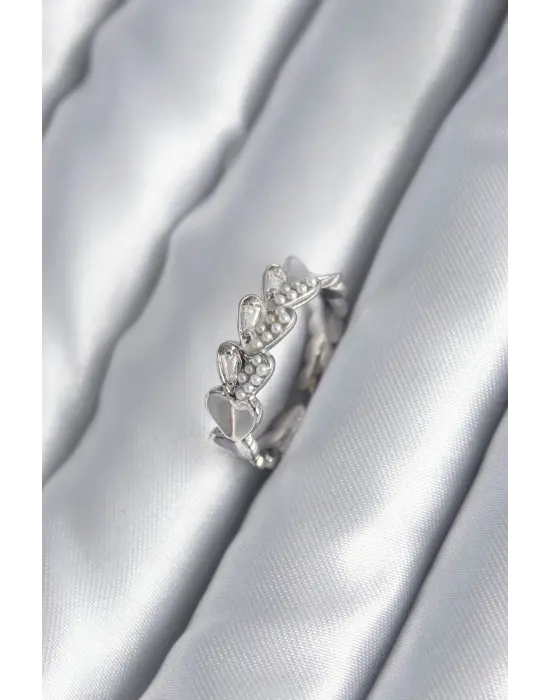  Gümüş Kalp Model İnci Detay Çelik Yüzük