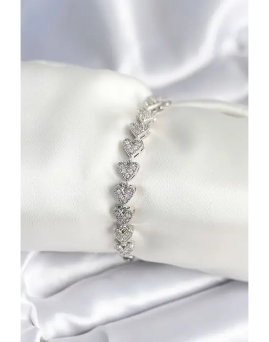 Pirinç Gümüş Renk Kalp Model Kadın Bileklik