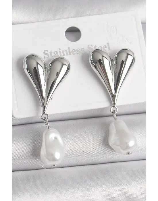  Gümüş Kalp Model Sallantı İnci Detay Çelik Küpe