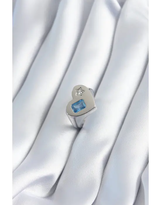  Gümüş Kalp Model Yıldız Zirkon Taş Detay Çelik Yüzük