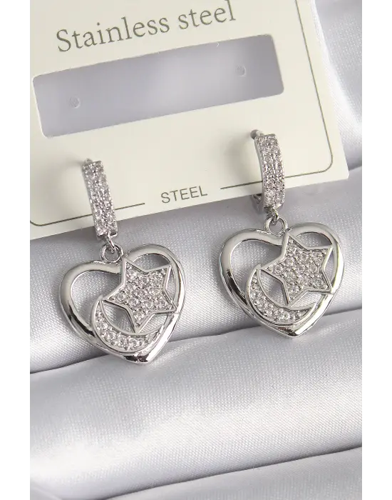  Gümüş Kalp Model Zirkon Taşlı Ay Yıldız İşlemeli Çelik Küpe