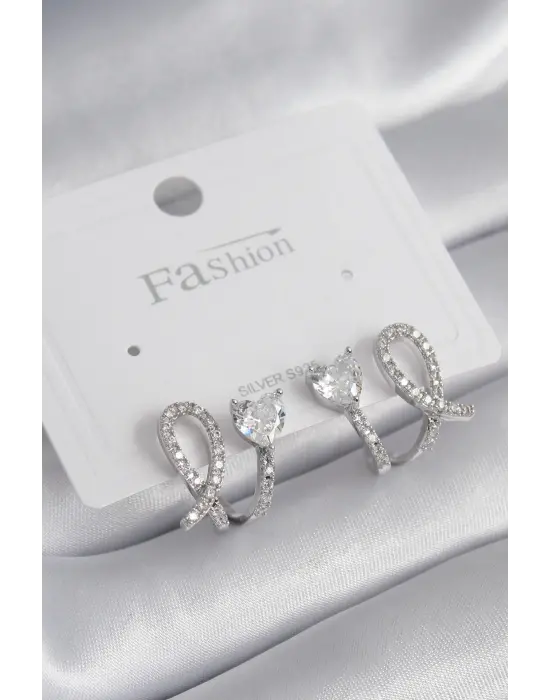  Gümüş Kalp Model Zirkon Taşlı Çelik Küpe