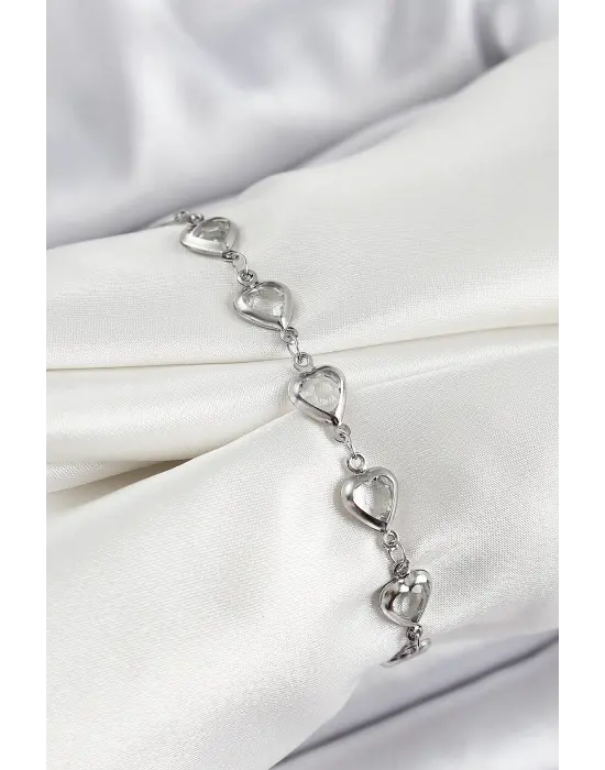 Pirinç Gümüş Renk Kalp Zirkon Taşlı Kadın Bileklik