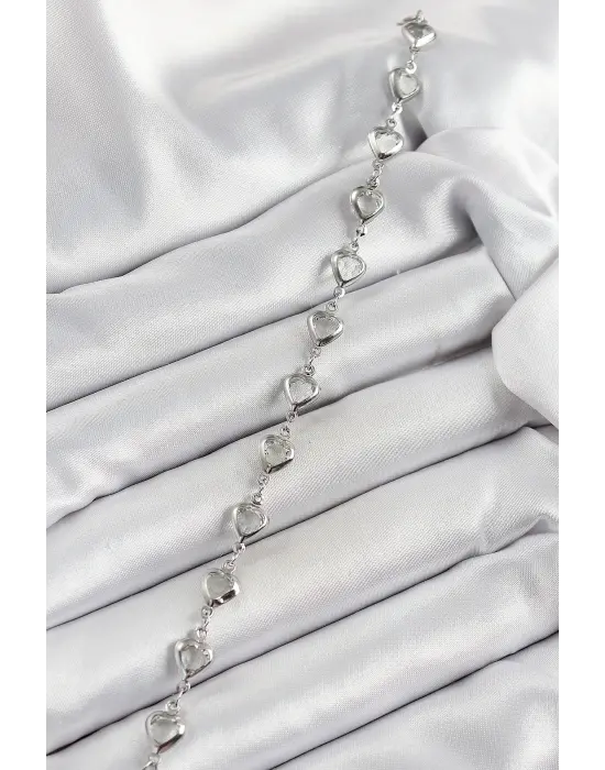 Pirinç Gümüş Renk Kalp Zirkon Taşlı Kadın Bileklik