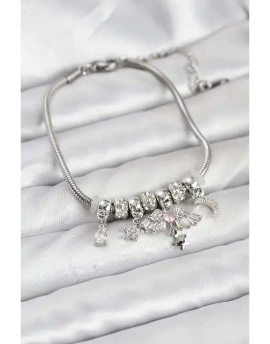 Çelik Gümüş Renk Kanatlı Charmlı Kadın Bileklik