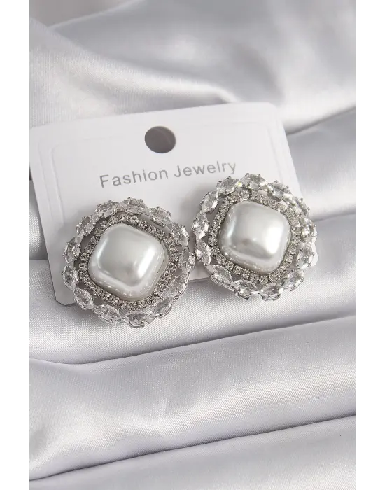  Gümüş Kare İnci Zirkon Taşlı Çelik Küpe