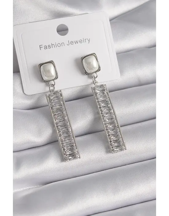  Gümüş Kare İnci Zirkon Taşlı Su Yolu Model Çelik Küpe