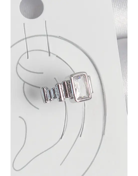 Çelik Gümüş Renk Kare Zirkon Taşlı Kadın Kıkırdak Model Küpe