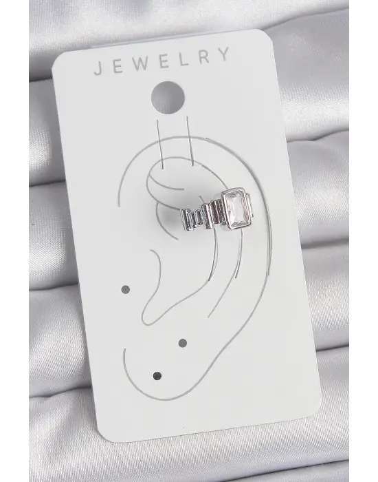 Çelik Gümüş Renk Kare Zirkon Taşlı Kadın Kıkırdak Model Küpe