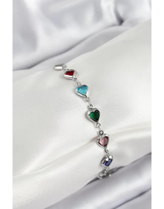 Pirinç Gümüş Renk Karışık Renk Kalp Zirkon Taşlı Kadın Bileklik