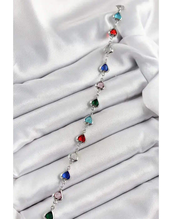 Pirinç Gümüş Renk Karışık Renk Kalp Zirkon Taşlı Kadın Bileklik