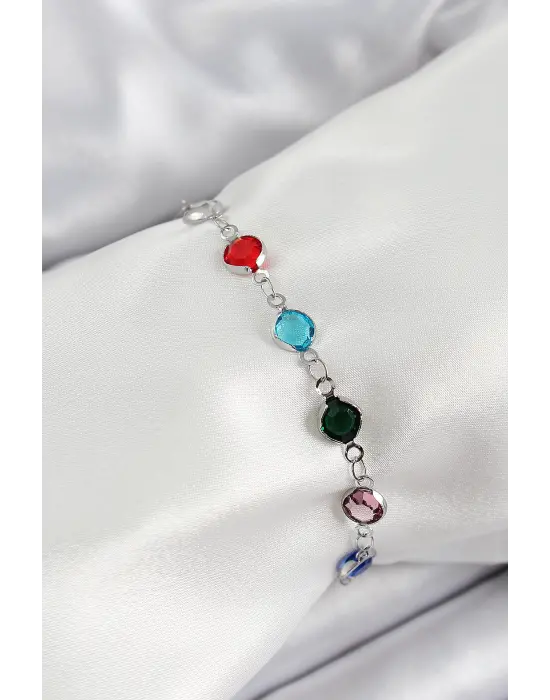 Pirinç Gümüş Renk Karışık Renk Zirkon Taşlı Kadın Bileklik