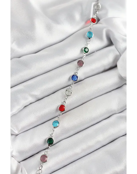 Pirinç Gümüş Renk Karışık Renk Zirkon Taşlı Kadın Bileklik