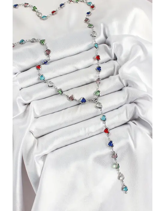 Pirinç Gümüş Renk Karışık Renk Zirkon Taşlı Kalpli Y Kadın Kolye