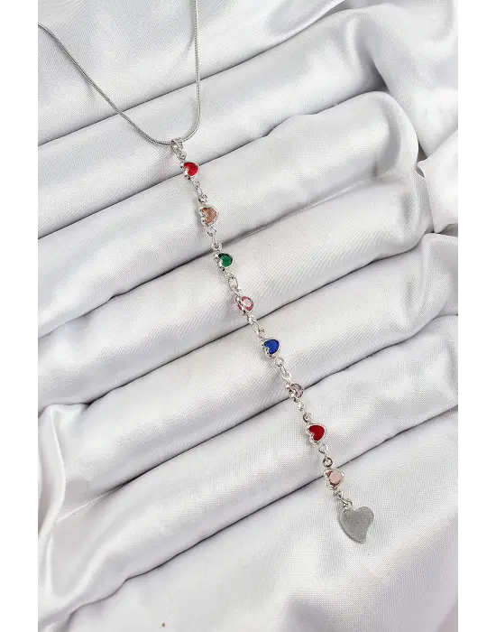 Pirinç Gümüş Renk Karışık Renk Zirkon Taşlı Kalpli Y Kadın Kolye