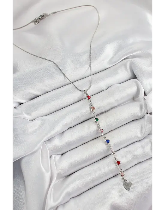 Pirinç Gümüş Renk Karışık Renk Zirkon Taşlı Kalpli Y Kadın Kolye