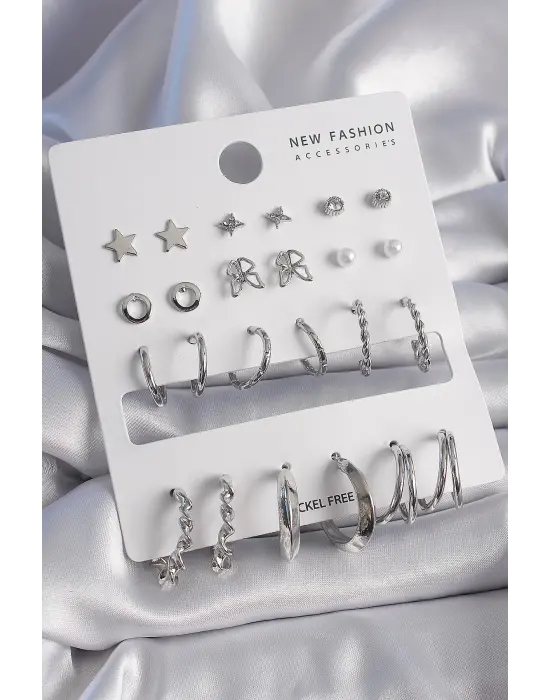  Gümüş Kelebek Detaylı 12 Çift Çelik Küpe Seti