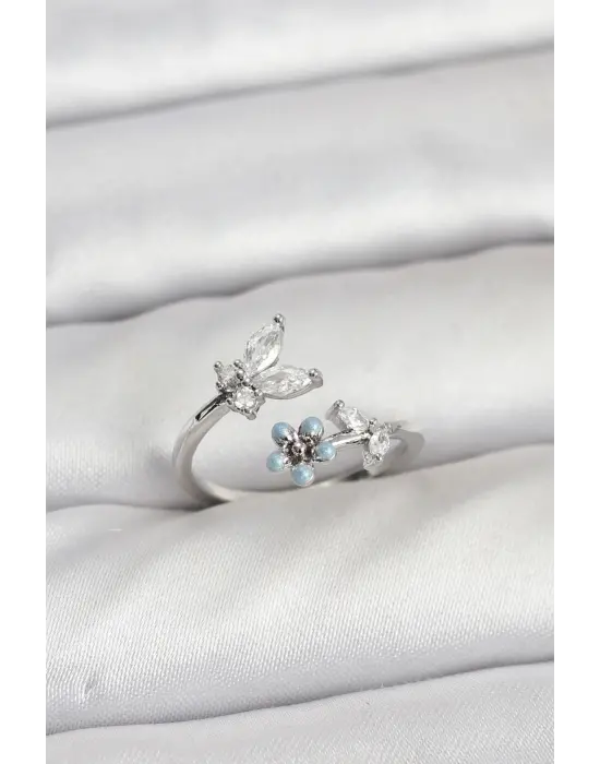 Pirinç Gümüş Renk Kelebek Model Kadın Yüzük