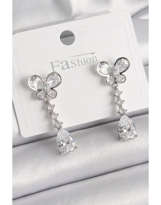  Gümüş Kelebek Model Sallantı Damla Zirkon Taşlı Çelik Küpe