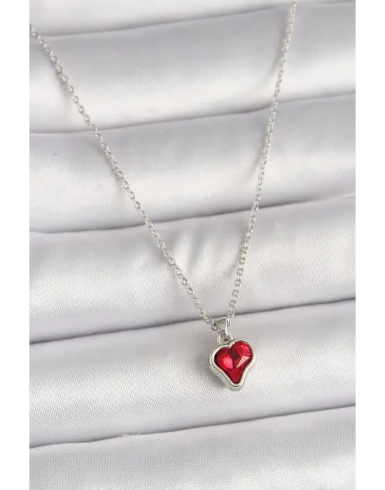 Pirinç Gümüş  Kırmızı Taşlı Kalp Figür  Çelik Kolye