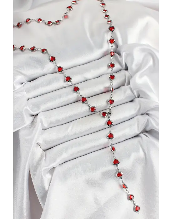 Pirinç Gümüş Renk Kırmızı Zirkon Taşlı Kalpli Y Kadın Kolye