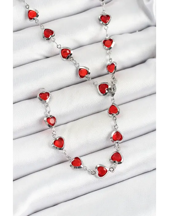 Pirinç Gümüş Renk Kırmızı Zirkon Taşlı Kalpli Y Kadın Kolye