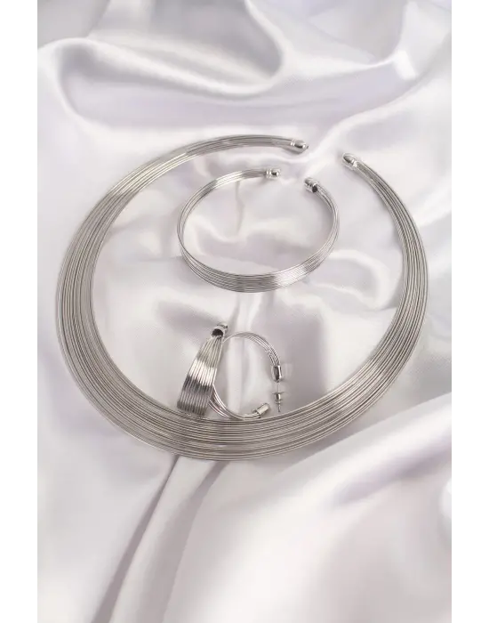 Pirinç Gümüş  Çelik Kolye Küpe Bileklik Seti