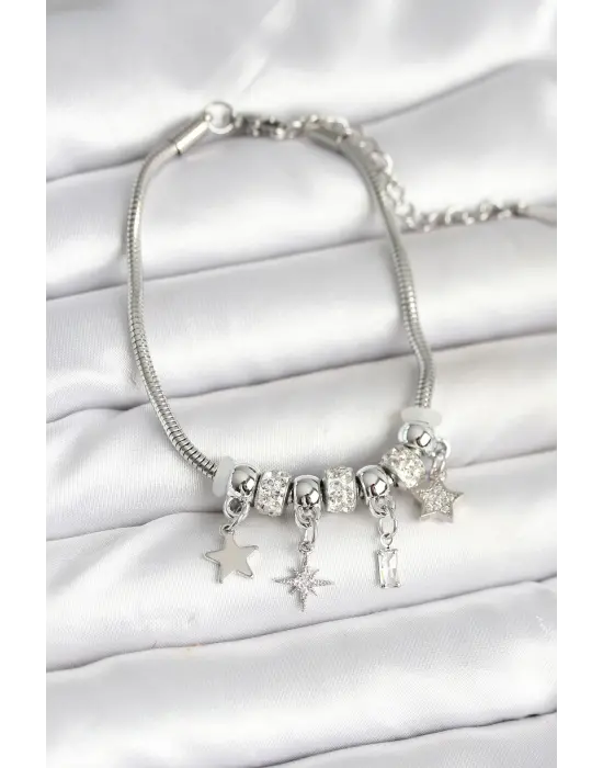 Pirinç Gümüş Renk Kutup Yıldızı Charmlı Kadın Bileklik