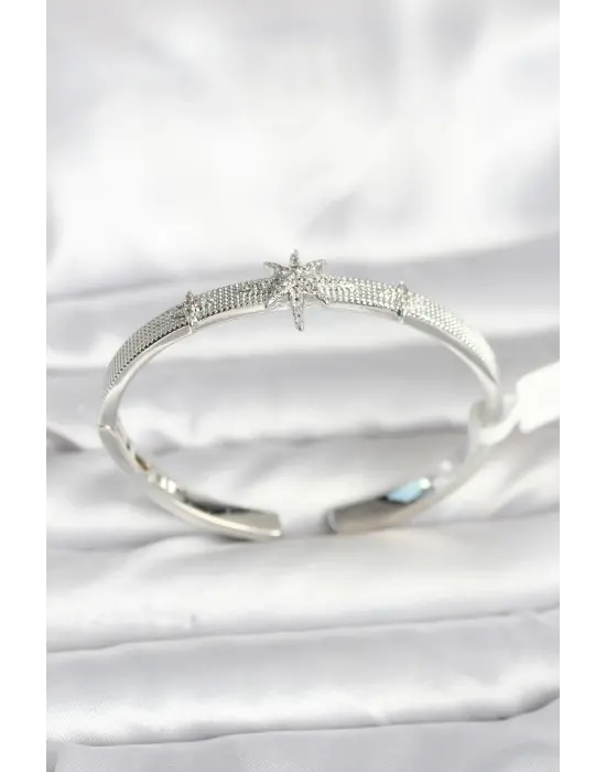 Pirinç Gümüş Renk Kutup Yıldızı Model Kadın Kelepçe Bileklik