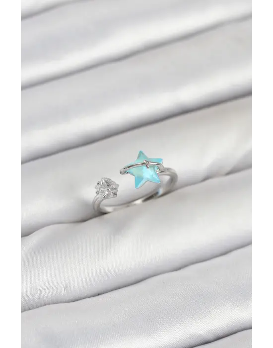 Pirinç Gümüş Renk Mavi Yıldızlı Model Kadın Yüzük