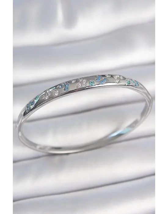 Pirinç Gümüş Renk Mavi Zirkon Taşlı Kelebek İşlemeli Kadın Kelepçe