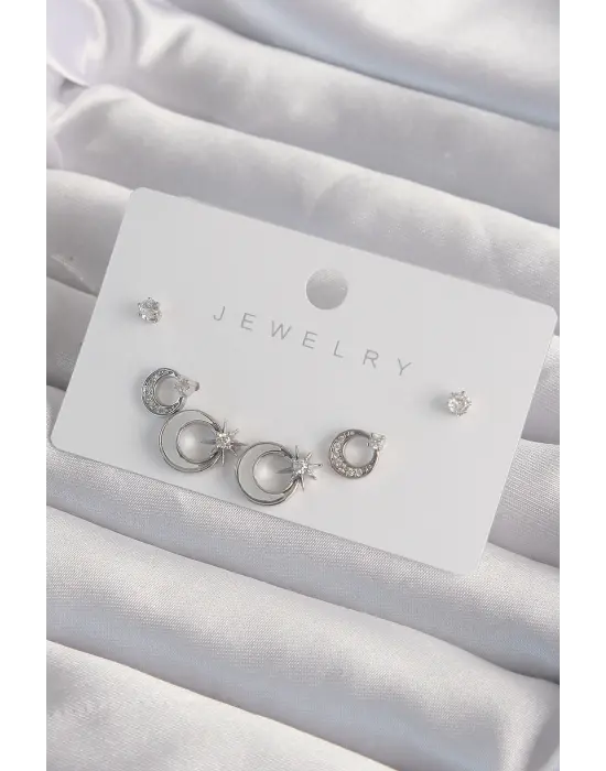  Gümüş Mineli Zirkon Taşlı Ay Yıldız Model Küpe Seti