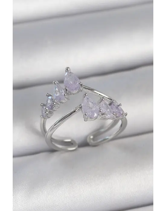 Pirinç Gümüş Renk Mor Damla Zirkon Taşlı Taç Model Kadın Yüzük