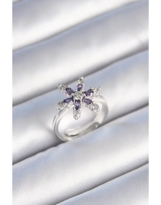  Gümüş Mor Zirkon Taşlı Çiçek Model Çelik Yüzük
