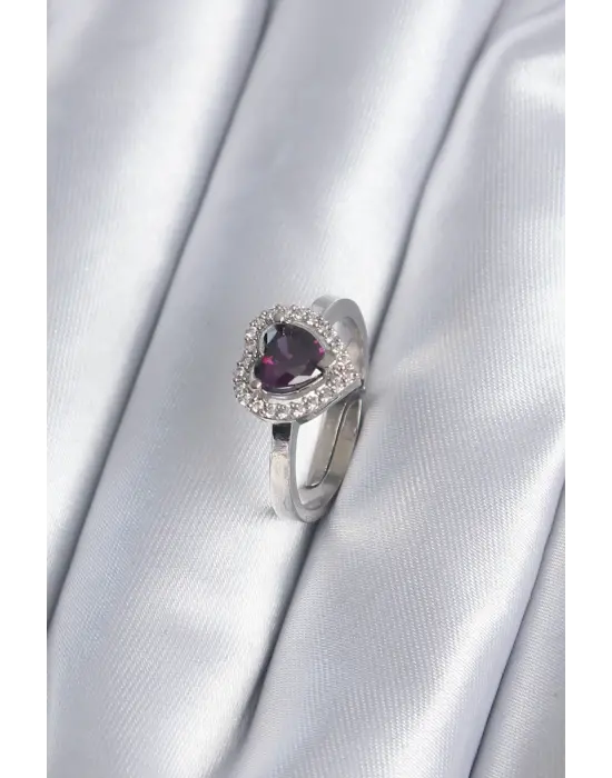  Gümüş Mor Zirkon Taşlı Kalp Charm Model Çelik Yüzük