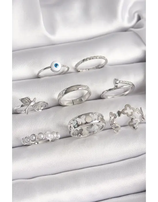 Pirinç Gümüş Renk Nazar Boncuk Detay İncili Kelebek İşlemeli Kadın Yüzük Kombini