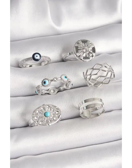 Pirinç Gümüş Renk Nazar Boncuk Zirkon Taş Detaylı Dalga Figür Kadın Yüzük Kombini