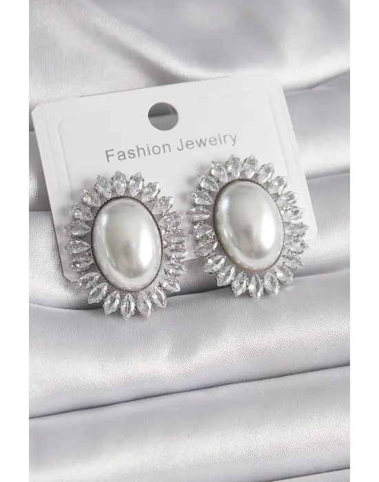  Gümüş Oval İncili Zirkon Taşlı Çelik Küpe