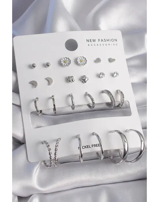  Gümüş Papatya Detaylı 12 Çift Çelik Küpe Seti