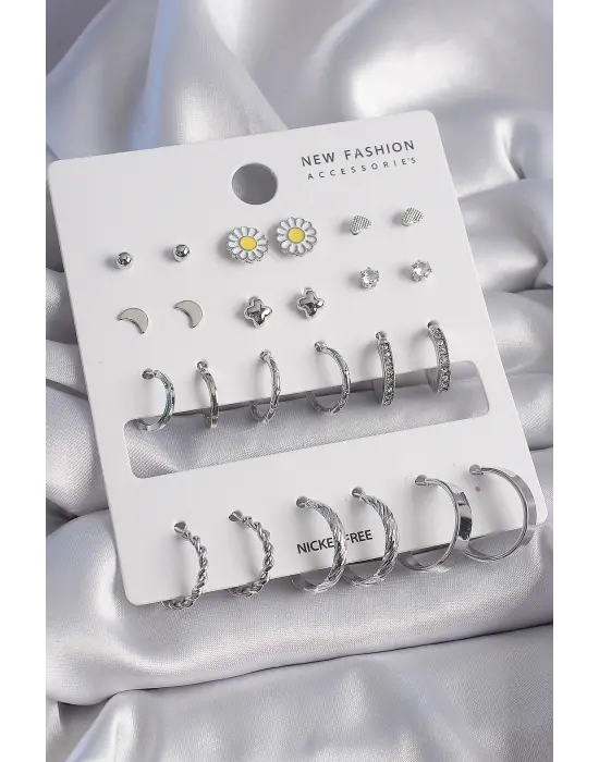  Gümüş Papatya Detaylı 12 Çiftli Çelik Küpe Seti